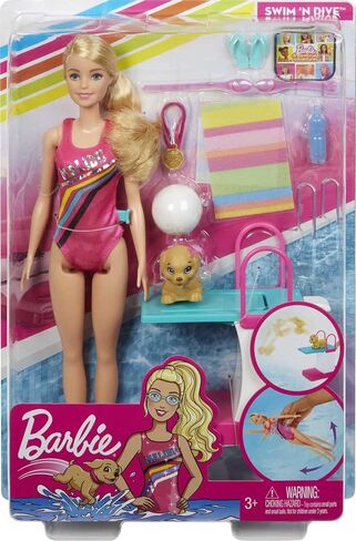 Barbie Dreamhouse Adventures Swim 'n Dive Doll, 11.5-Inch, in Swimwear, with Swimming Feature, Diving Board and Puppy, Gift for 3 to 7 Year Olds in Saudi Arabia