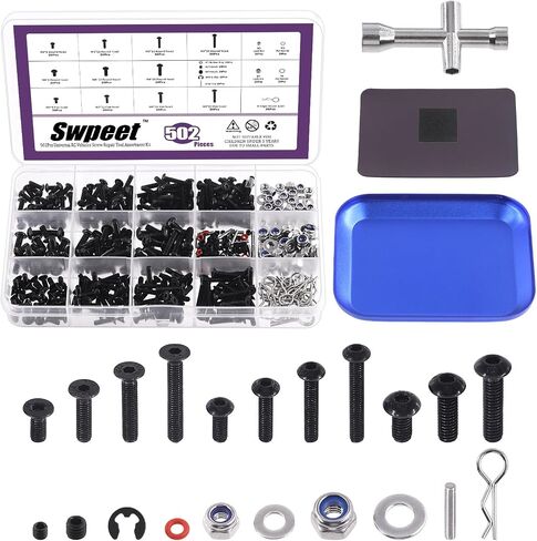 Swpeet 502Pcs Universal RC Screw Kit Screws Assortment Set, Hardware Fasteners Compatible with 1/8 1/10 1/12 1/16 Scale RC Cars, Includes M3&M4 Screws(Flat, Round Head, Hex Drive), Flat Washers, Pins in Saudi Arabia