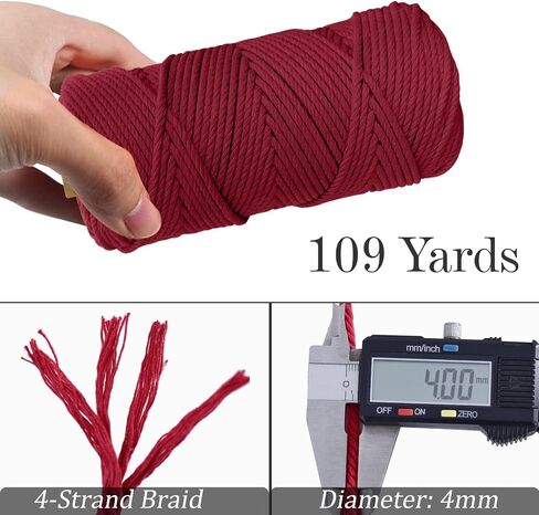 Macrame Cord 4mm, JeogYong 4mm Macrame Cord 109 Yards Natural Cotton Yarn Macrame Rope 4 Strand Twisted Craft Cord Cotton Rope for Wall Hanging Plant Hanger Craft Making in Kuwait