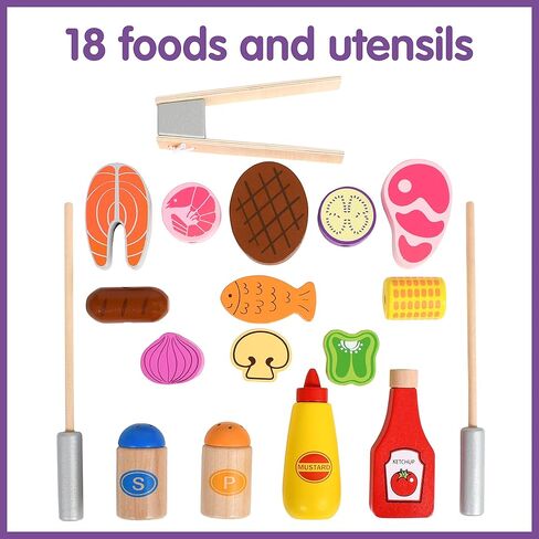 مجموعة لعب SPARK & WOW Grill - لعبة طبخ خشبية للأطفال - 18 نوعًا من الأطعمة والأواني المختلفة - تلهم اللعب التظاهري والخيال بالشواء in Kuwait