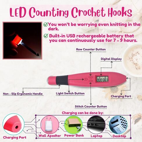 كتاب اثينا اليمنتس مجموعة خطافات كروشيه مضيئة مريحة قابلة للتبديل مع اضواء LED وعداد غرز كروشيه رقمي. خطافات كروشيه مضيئة قابلة لاعادة الشحن in Kuwait