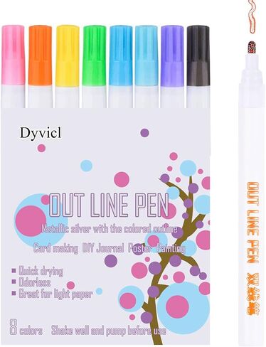 علامات Dyvicl اللامعة - علامات مخططة مزدوجة الخط - علامات معدنية ذات مخطط ذاتي - أقلام مزدوجة الخط للفنون والرسم والكتابة وبطاقات تهنئة عيد الميلاد، DIY، سجل القصاصات، الحرف اليدوية، 8 عبوات in Kuwait