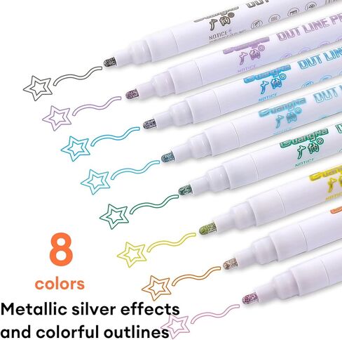 علامات Dyvicl اللامعة - علامات مخططة مزدوجة الخط - علامات معدنية ذات مخطط ذاتي - أقلام مزدوجة الخط للفنون والرسم والكتابة وبطاقات تهنئة عيد الميلاد، DIY، سجل القصاصات، الحرف اليدوية، 8 عبوات in Kuwait