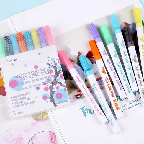 علامات Dyvicl اللامعة - علامات مخططة مزدوجة الخط - علامات معدنية ذات مخطط ذاتي - أقلام مزدوجة الخط للفنون والرسم والكتابة وبطاقات تهنئة عيد الميلاد، DIY، سجل القصاصات، الحرف اليدوية، 8 عبوات in Kuwait