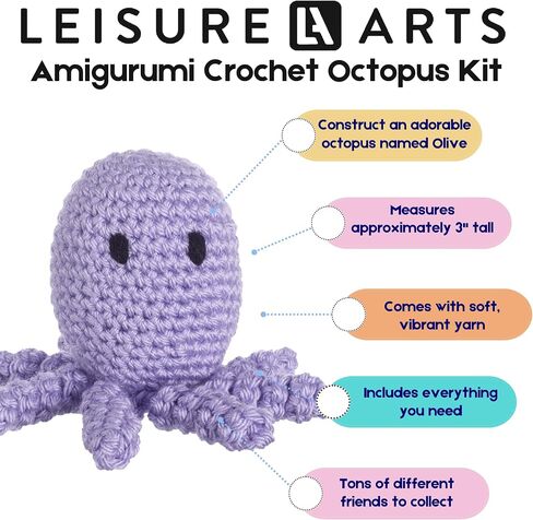 Leisure Arts - Crochet Kit, Pudgies Olive The Octopus, 3", Crochet kit for Beginners, Complete Crochet kit, Animal Crochet Kits, Crochet Animal kit, DIY amigurumi Crochet Kits in Saudi Arabia