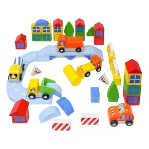 Kidzlane Wooden Construction Site Building Blocks - 50 Pc Wood Block Variety Set with Vehicles, Bridge + More in Storage Bucket - Brightly Painted, Safe & Non-Toxic for Toddlers & Kids Ages 3+ in Kuwait