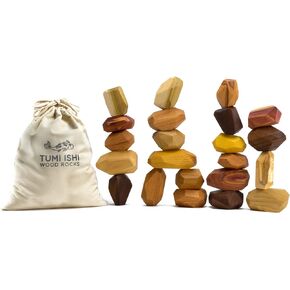 11 Piece Natural Wooden Balancing Block Set - Sensory Educational Natural Wood Toy Stacking Game - Mixed Wood Species - USA Made - Jojoba Oil and Beeswax Finish - Wood Stone Building Blocks