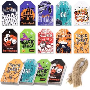 Koogel 160PCS Halloween Paper Tags, Favor Gift Tags Halloween Theme Tags with Strings for Halloween Party Candy Bag Hanging Decoration in Kuwait