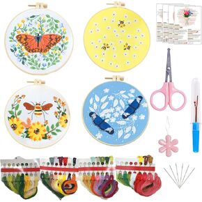 ProJoyJoy 4 Pack Embroidery Kit for Beginners,Embroidery Starter Kit,4 Embroidery Butterfly and Bee,Hoops,Instructions,Color Threads and Needles in Saudi Arabia