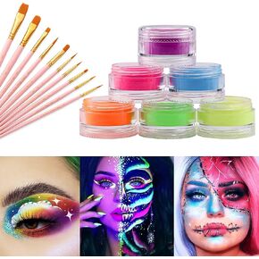 Wismee Water Activated UV Face Body Paint Glow Black Light Paint Fluorescent Paint 6 x 0.35oz Phosphorescent Paint for Costume, Halloween Parties with 10 Pink Brushes in Kuwait
