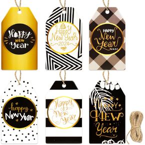 HOWAF 60pcs Happy New Year Paper Gift Tags, Black and Gold New Year Name Tags Label with String for 2024 New Year Presents Decoration, New Year Decorations Gift Wrap Supplies DIY Kraft Paper Label in Saudi Arabia