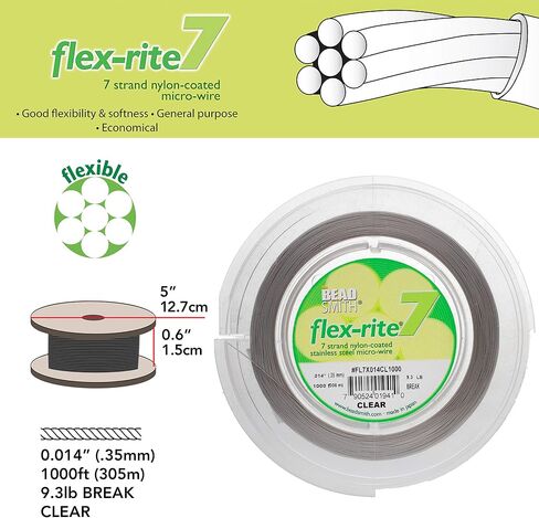 The Beadsmith Flex-Rite 7 حبلا مطلية بالنايلون، سلك خرز من الفولاذ المقاوم للصدأ، مستلزمات صناعة المجوهرات (.012 قطر، شفاف - 100 قدم) in Kuwait