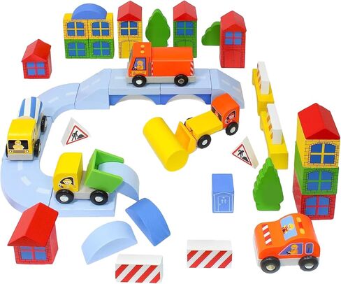 Kidzlane Wooden Construction Site Building Blocks - 50 Pc Wood Block Variety Set with Vehicles, Bridge + More in Storage Bucket - Brightly Painted, Safe & Non-Toxic for Toddlers & Kids Ages 3+ in Kuwait
