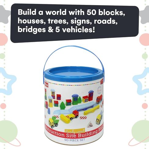 Kidzlane Wooden Construction Site Building Blocks - 50 Pc Wood Block Variety Set with Vehicles, Bridge + More in Storage Bucket - Brightly Painted, Safe & Non-Toxic for Toddlers & Kids Ages 3+ in Kuwait