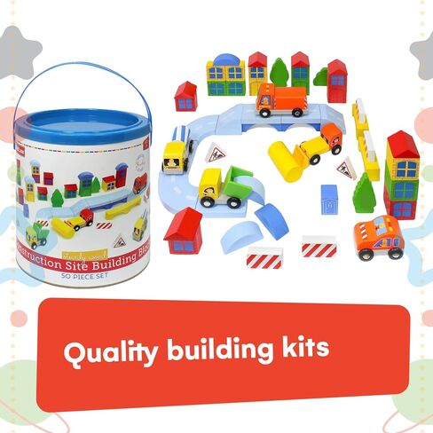 Kidzlane Wooden Construction Site Building Blocks - 50 Pc Wood Block Variety Set with Vehicles, Bridge + More in Storage Bucket - Brightly Painted, Safe & Non-Toxic for Toddlers & Kids Ages 3+ in Kuwait