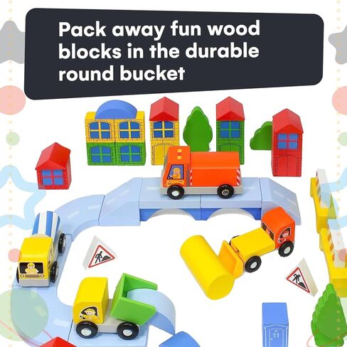 Kidzlane Wooden Construction Site Building Blocks - 50 Pc Wood Block Variety Set with Vehicles, Bridge + More in Storage Bucket - Brightly Painted, Safe & Non-Toxic for Toddlers & Kids Ages 3+ in Kuwait