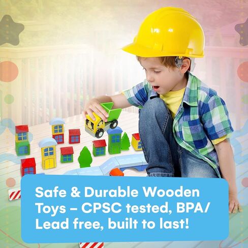 Kidzlane Wooden Construction Site Building Blocks - 50 Pc Wood Block Variety Set with Vehicles, Bridge + More in Storage Bucket - Brightly Painted, Safe & Non-Toxic for Toddlers & Kids Ages 3+ in Kuwait