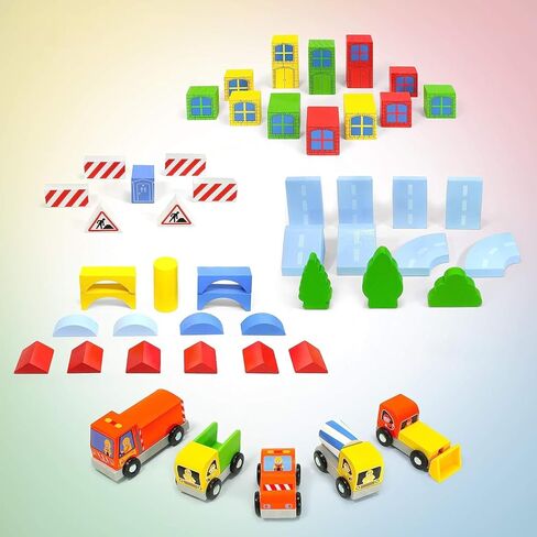 Kidzlane Wooden Construction Site Building Blocks - 50 Pc Wood Block Variety Set with Vehicles, Bridge + More in Storage Bucket - Brightly Painted, Safe & Non-Toxic for Toddlers & Kids Ages 3+ in Kuwait