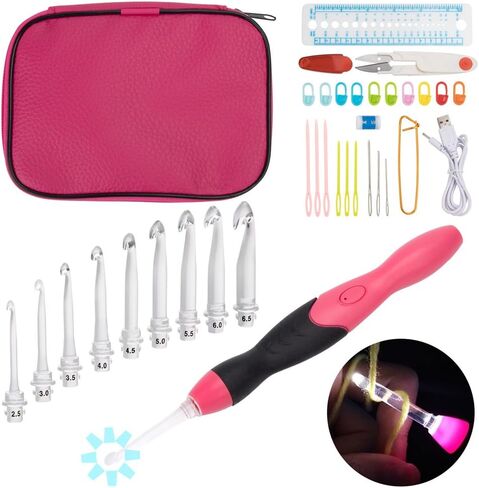 BCMRUN LED Crochet hooks set,9 Interchangeable Heads Light Up Knitting Needles Weave Sewing Tool Accessories with Case(Purple) in Kuwait