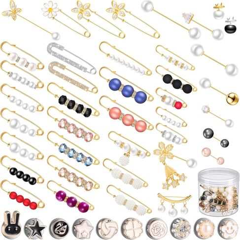 50 Pieces Pearl Brooch Pins Sweater Shawl Clips Decorative Safety Pin Hijab Pins Faux Pearl Rhinestones Collar Safety Pin for Women Girls Clothing Dresses Decoration Accessories with Storage Tank in Saudi Arabia