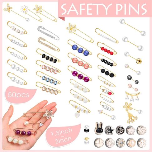 50 Pieces Pearl Brooch Pins Sweater Shawl Clips Decorative Safety Pin Hijab Pins Faux Pearl Rhinestones Collar Safety Pin for Women Girls Clothing Dresses Decoration Accessories with Storage Tank in Saudi Arabia