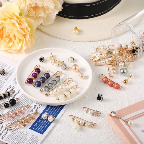 50 Pieces Pearl Brooch Pins Sweater Shawl Clips Decorative Safety Pin Hijab Pins Faux Pearl Rhinestones Collar Safety Pin for Women Girls Clothing Dresses Decoration Accessories with Storage Tank in Saudi Arabia