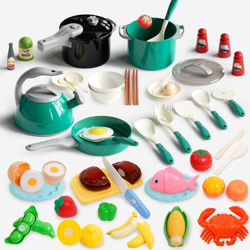 28℃ 69PCS Play Kitchen Accessories Toy,Kids Pretend Cooking Toys with Play Pots and Pans,Toddler Pretend Cooking Playset with Food,Fruits,Vegetables,Play Kitchen Toys for Girls Boys(Green) in Kuwait