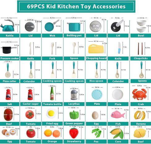 28℃ 69PCS Play Kitchen Accessories Toy,Kids Pretend Cooking Toys with Play Pots and Pans,Toddler Pretend Cooking Playset with Food,Fruits,Vegetables,Play Kitchen Toys for Girls Boys(Green) in Kuwait