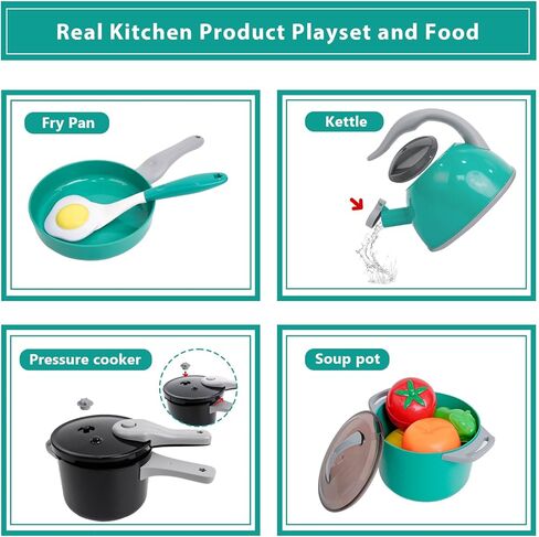 28℃ 69PCS Play Kitchen Accessories Toy,Kids Pretend Cooking Toys with Play Pots and Pans,Toddler Pretend Cooking Playset with Food,Fruits,Vegetables,Play Kitchen Toys for Girls Boys(Green) in Kuwait