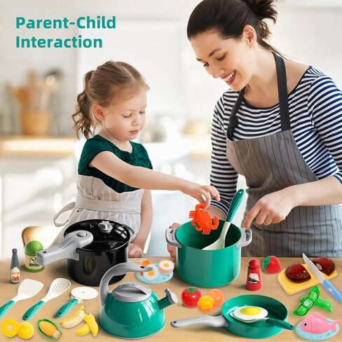 28℃ 69PCS Play Kitchen Accessories Toy,Kids Pretend Cooking Toys with Play Pots and Pans,Toddler Pretend Cooking Playset with Food,Fruits,Vegetables,Play Kitchen Toys for Girls Boys(Green) in Kuwait
