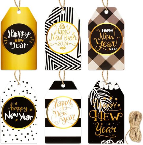 HOWAF 60pcs Happy New Year Paper Gift Tags, Black and Gold New Year Name Tags Label with String for 2024 New Year Presents Decoration, New Year Decorations Gift Wrap Supplies DIY Kraft Paper Label in Saudi Arabia