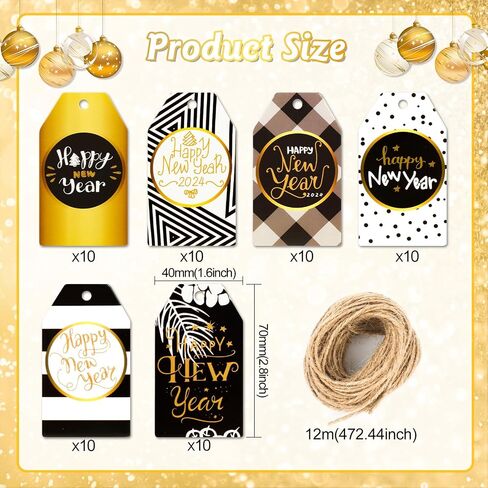 HOWAF 60pcs Happy New Year Paper Gift Tags, Black and Gold New Year Name Tags Label with String for 2024 New Year Presents Decoration, New Year Decorations Gift Wrap Supplies DIY Kraft Paper Label in Saudi Arabia