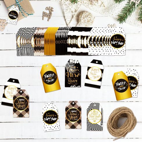 HOWAF 60pcs Happy New Year Paper Gift Tags, Black and Gold New Year Name Tags Label with String for 2024 New Year Presents Decoration, New Year Decorations Gift Wrap Supplies DIY Kraft Paper Label in Saudi Arabia