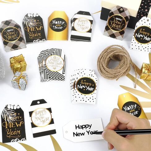 HOWAF 60pcs Happy New Year Paper Gift Tags, Black and Gold New Year Name Tags Label with String for 2024 New Year Presents Decoration, New Year Decorations Gift Wrap Supplies DIY Kraft Paper Label in Saudi Arabia