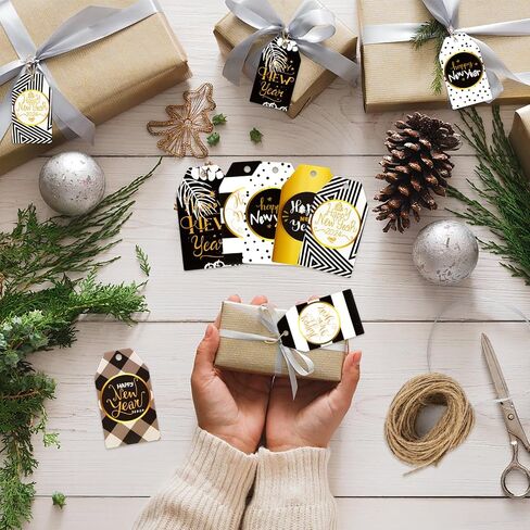 HOWAF 60pcs Happy New Year Paper Gift Tags, Black and Gold New Year Name Tags Label with String for 2024 New Year Presents Decoration, New Year Decorations Gift Wrap Supplies DIY Kraft Paper Label in Saudi Arabia
