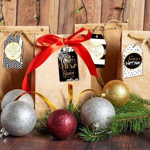 HOWAF 60pcs Happy New Year Paper Gift Tags, Black and Gold New Year Name Tags Label with String for 2024 New Year Presents Decoration, New Year Decorations Gift Wrap Supplies DIY Kraft Paper Label in Saudi Arabia