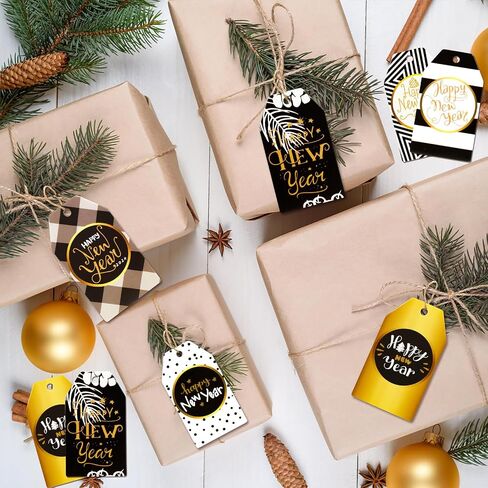 HOWAF 60pcs Happy New Year Paper Gift Tags, Black and Gold New Year Name Tags Label with String for 2024 New Year Presents Decoration, New Year Decorations Gift Wrap Supplies DIY Kraft Paper Label in Saudi Arabia