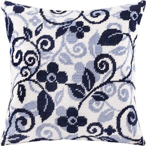 Ornamental Stamped Cross-Stitch Kit for Adults and Beginners — Floral Twirls 16″ × 16″ with Clear, Precise Printed Design on Cotton Canvas; Includes 2 Needles, Yarn, and Easy-Read Chart