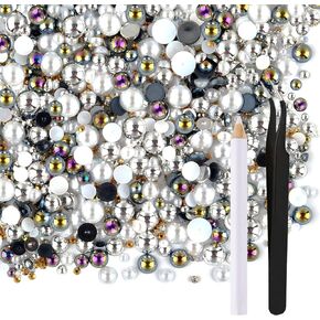 ASTARON 50g Mix Flatback Rhinestones Half Pearls for Craft Mixed Size 3mm-10mm Flat Back Rhinestones for Crafts Flatback Pearls for DIY Tumblers Mugs Nail Art Shoes Clothes (Champagne Gold Series)