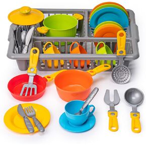 Play Dishes for Kids Kitchen | Pretend Play Kitchen Dishes Set with Drainer | Toy Dishes Kit | Pretend Dishes Cookware Set | Fun and Colorful | Childrens Durable Tableware Playset (33 Pcs)