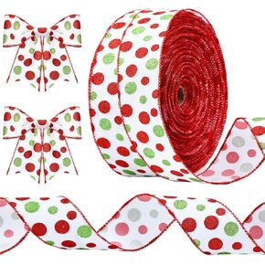 Tatuo 100 Yards 2.5 Inch Christmas Wired Ribbons Glitter Burlap Ribbon Green Red Polka Dot Ribbon for DIY Christmas Tree Decoration Craft Bow Wreath Gift Wrapping (Green, Red, White) in Saudi Arabia