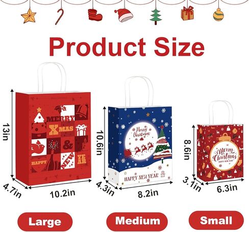 أكياس هدايا عيد الميلاد 24 قطعة من ANYGIFT بأحجام متنوعة وأكياس ورقية لعيد الميلاد بمقبض متين، وحقائب عيد الميلاد للهدايا، وحقائب هدايا عيد الميلاد، وحقائب هدايا عيد الميلاد، هدايا حفلات عيد الميلاد (8 كبيرة، 8 متوسطة، 8 صغيرة) l in Kuwait