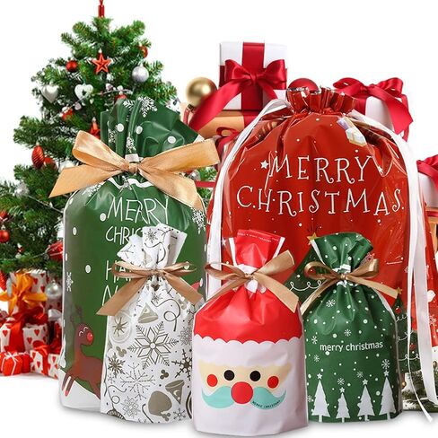 DUILE 34 قطعة من أكياس هدايا عيد الميلاد برباط بأحجام متنوعة وحقائب عيد الميلاد للهدايا اللطيفة وحقائب هدايا عيد الميلاد سانتا اللطيفة ومستلزمات زينة حفلات عيد الميلاد in Kuwait