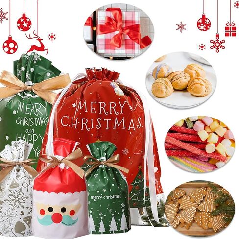 DUILE 34 قطعة من أكياس هدايا عيد الميلاد برباط بأحجام متنوعة وحقائب عيد الميلاد للهدايا اللطيفة وحقائب هدايا عيد الميلاد سانتا اللطيفة ومستلزمات زينة حفلات عيد الميلاد in Kuwait