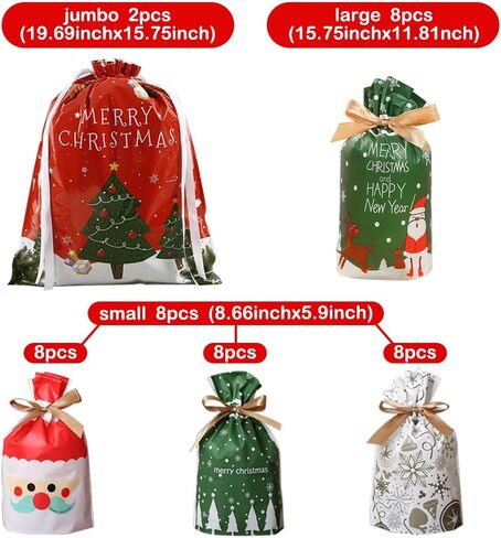 DUILE 34 قطعة من أكياس هدايا عيد الميلاد برباط بأحجام متنوعة وحقائب عيد الميلاد للهدايا اللطيفة وحقائب هدايا عيد الميلاد سانتا اللطيفة ومستلزمات زينة حفلات عيد الميلاد in Kuwait