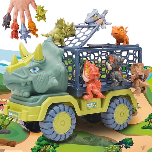 Dinosaur Truck Toys for Kids 3-5, T-Rex Transport Truck with 6 Dino Figures Toys, Dino Activity Play Mat, Dinosaur Truck Carrier Transport Car, Jurassic Dinosaur Play Set for Boys and Girls in Kuwait
