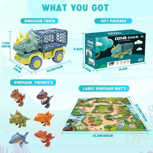 Dinosaur Truck Toys for Kids 3-5, T-Rex Transport Truck with 6 Dino Figures Toys, Dino Activity Play Mat, Dinosaur Truck Carrier Transport Car, Jurassic Dinosaur Play Set for Boys and Girls in Kuwait