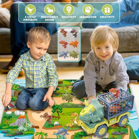 Dinosaur Truck Toys for Kids 3-5, T-Rex Transport Truck with 6 Dino Figures Toys, Dino Activity Play Mat, Dinosaur Truck Carrier Transport Car, Jurassic Dinosaur Play Set for Boys and Girls in Kuwait