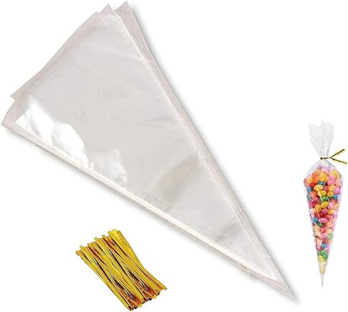 Dzrige 100 Pieces Transparent Cone bags,Clear Triangle Bags,Plastic Cone Bags with Gold Twist Ties,Plastic Treat Bags for Easter Christmas Party Favor,Wedding,Cookies,Candy,Chocolates,Popcorn,Craft Gifts - 5.1" x 9.8" in Saudi Arabia