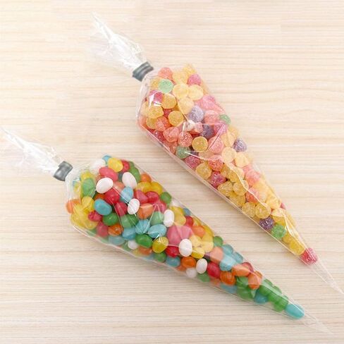 Dzrige 100 Pieces Transparent Cone bags,Clear Triangle Bags,Plastic Cone Bags with Gold Twist Ties,Plastic Treat Bags for Easter Christmas Party Favor,Wedding,Cookies,Candy,Chocolates,Popcorn,Craft Gifts - 5.1" x 9.8" in Saudi Arabia